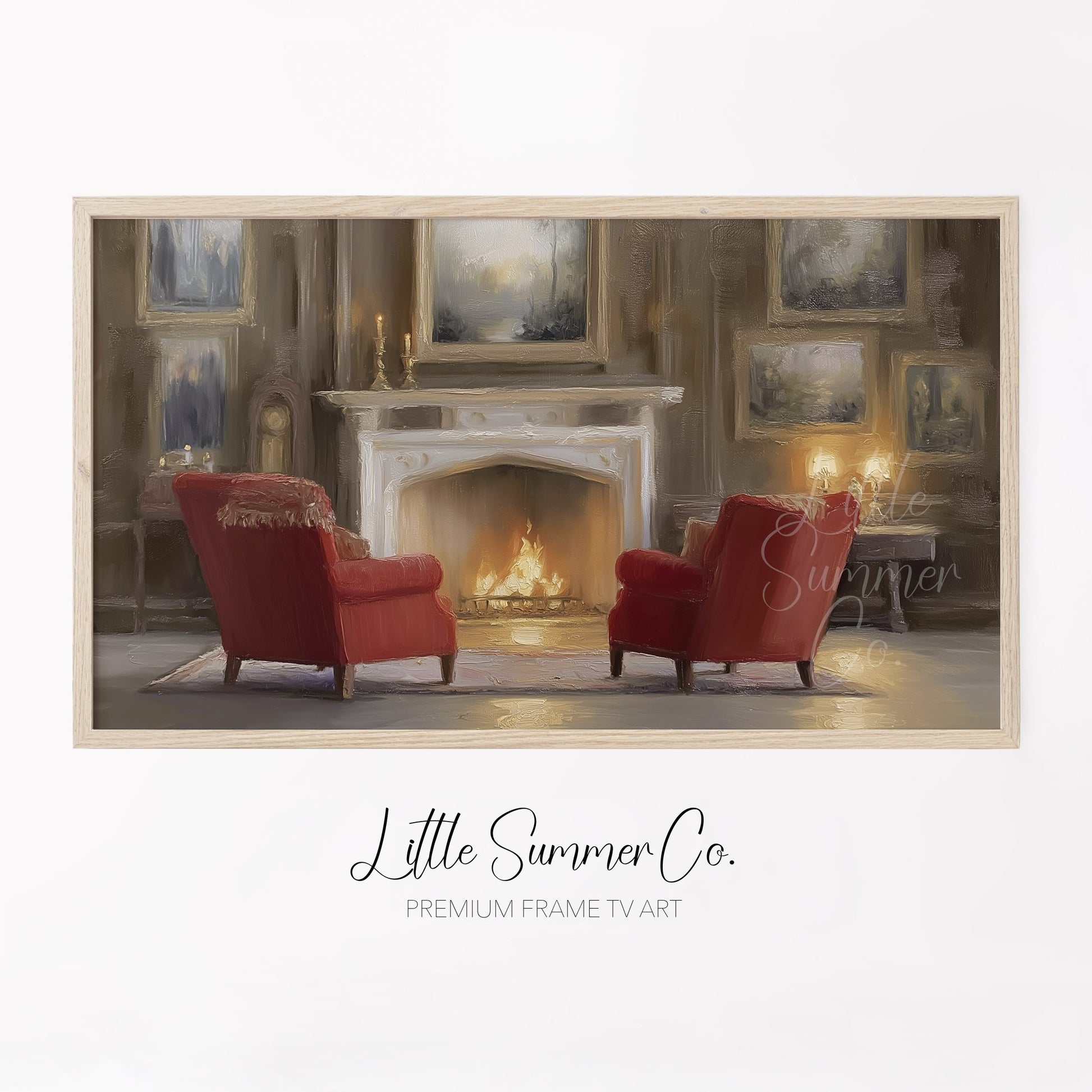Fireplace Armchairs Frame TV Art displayed on a TV