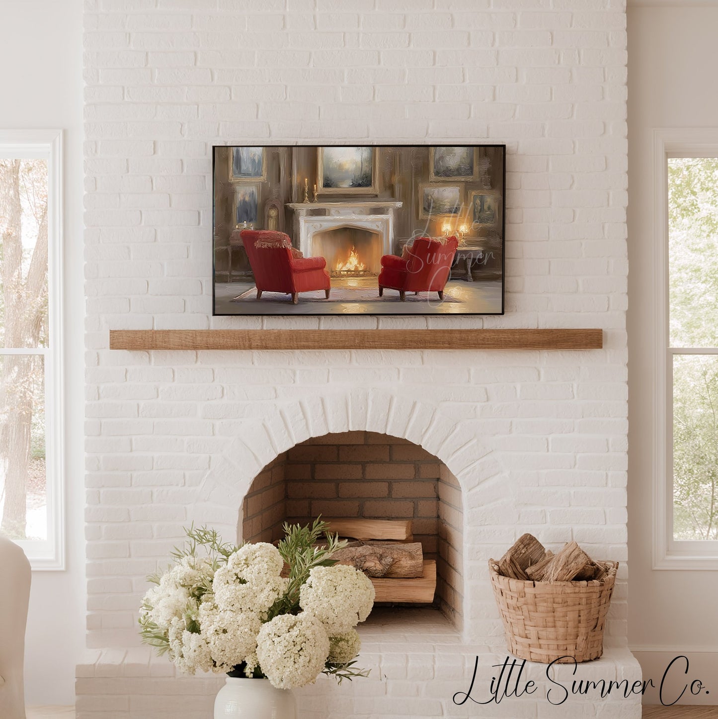 Fireplace Armchairs Frame TV Art displayed on a TV