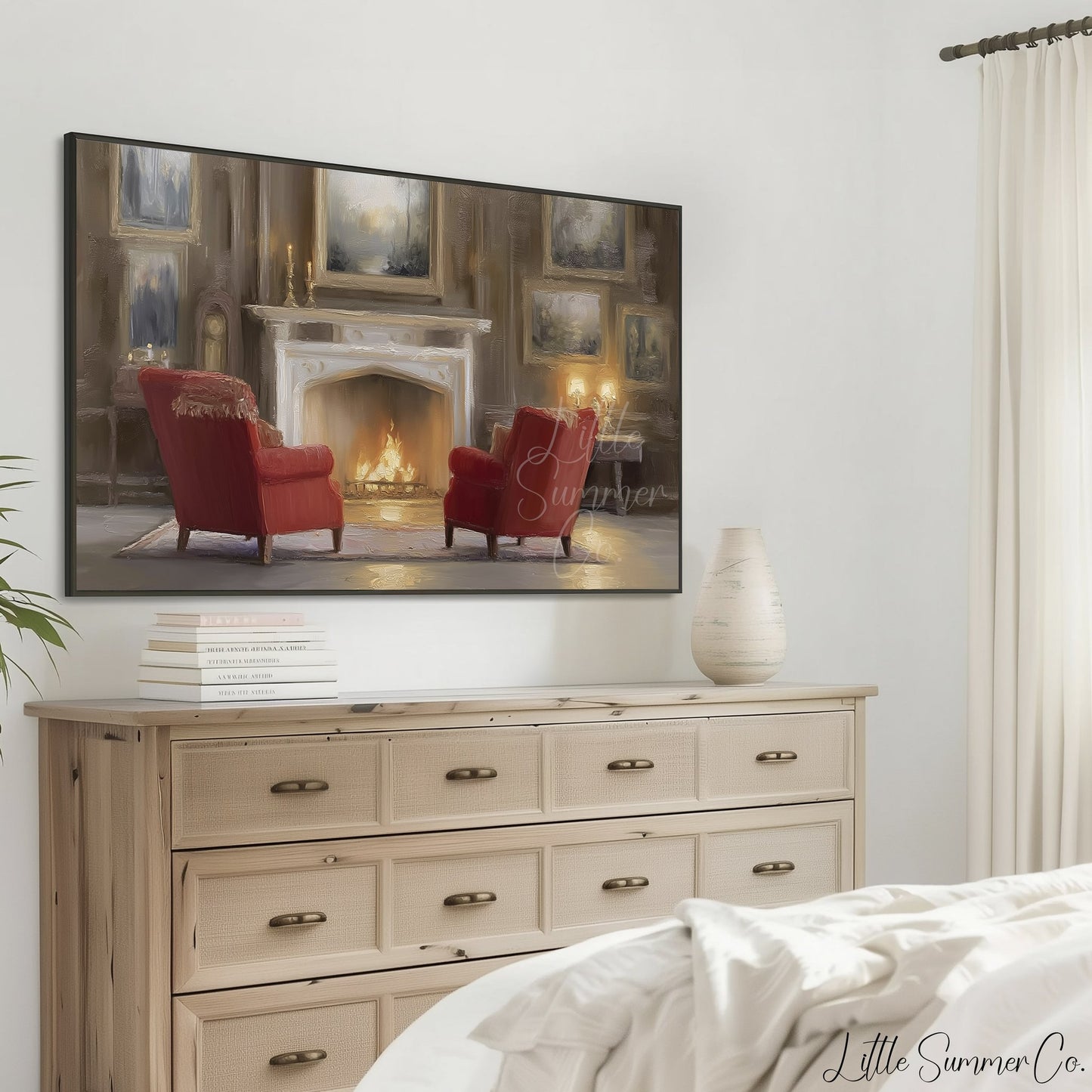 Fireplace Armchairs Frame TV Art displayed on a TV