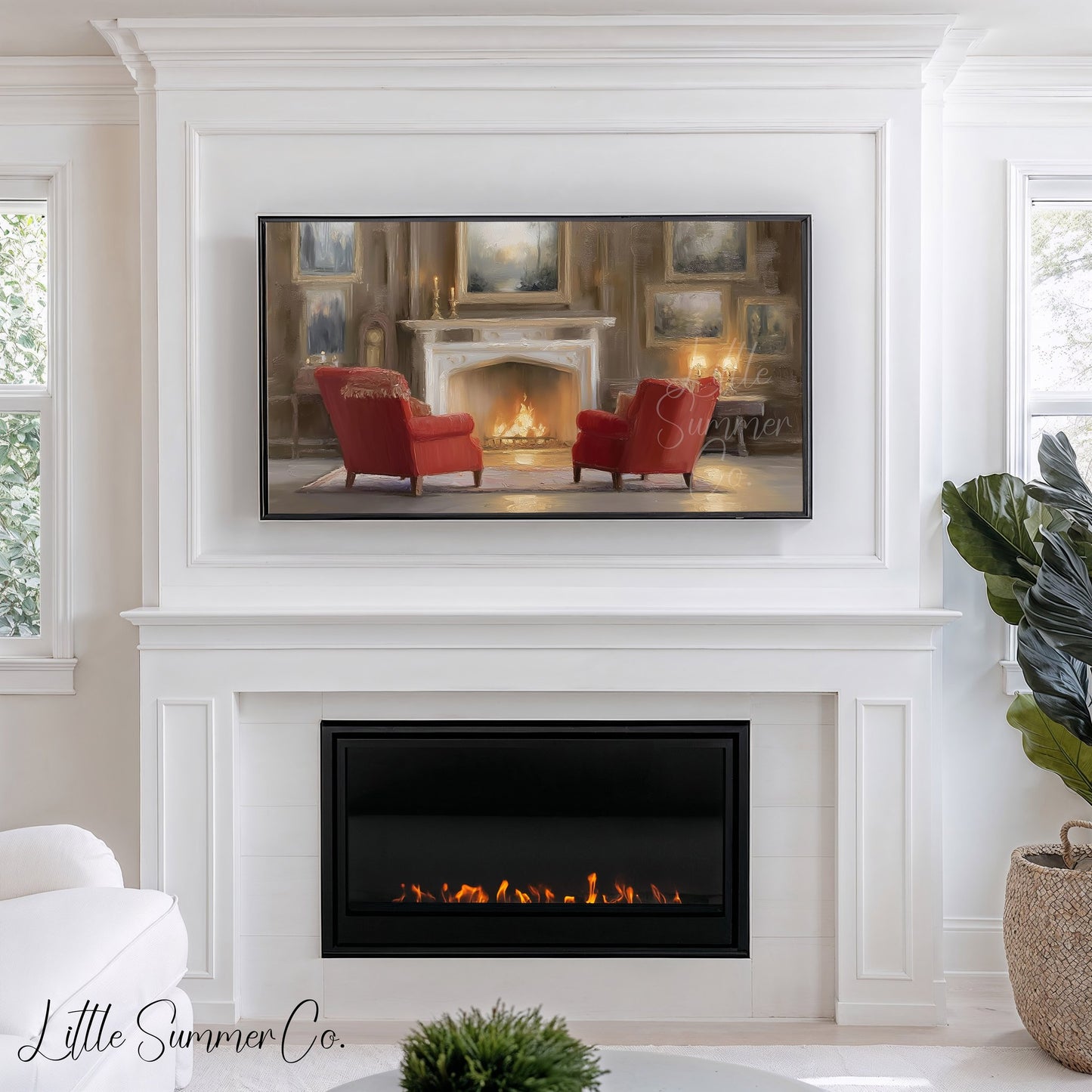 Fireplace Armchairs Frame TV Art displayed on a TV