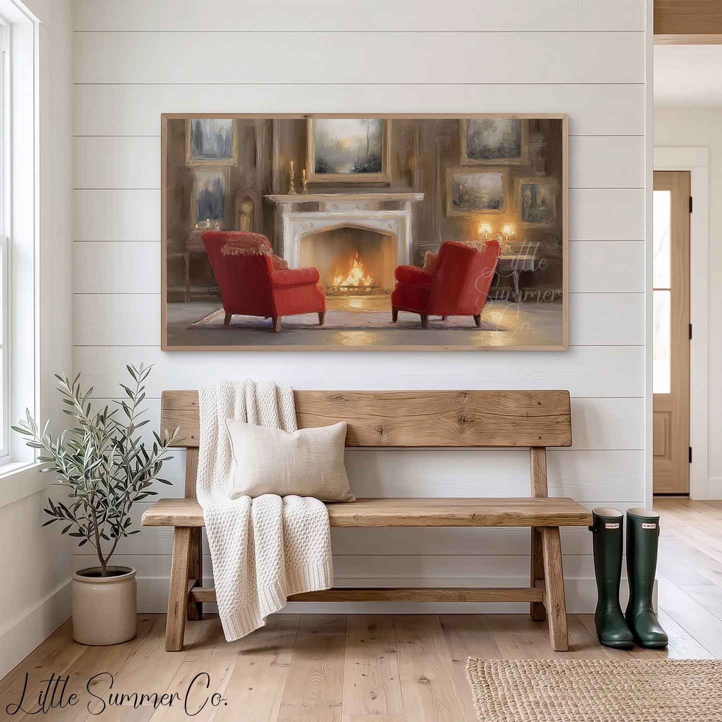 Fireplace Armchairs Frame TV Art displayed on a TV