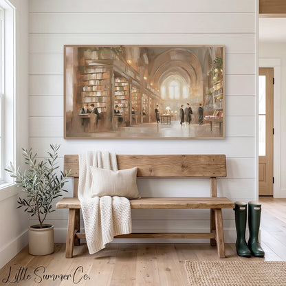Grand Library Scholars Scene Frame TV Art displayed on a TV