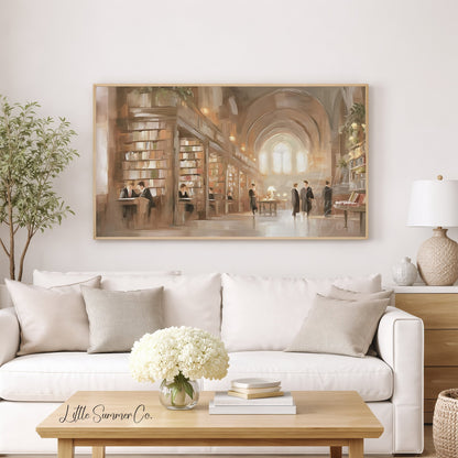 Grand Library Scholars Scene Frame TV Art displayed on a TV