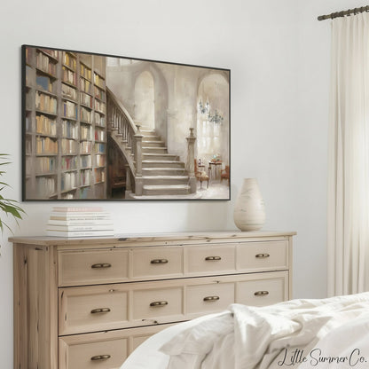 Library Staircase Frame TV Art displayed on a TV