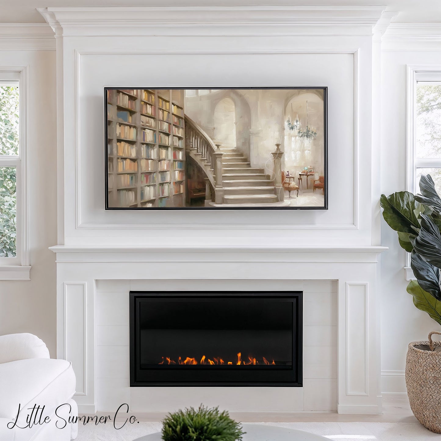 Library Staircase Frame TV Art displayed on a TV
