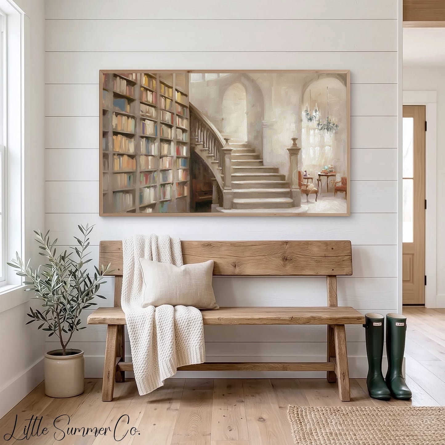 Library Staircase Frame TV Art displayed on a TV