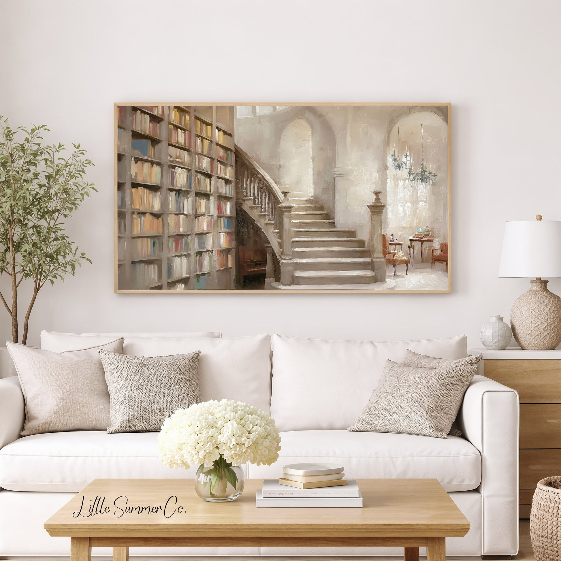 Library Staircase Frame TV Art displayed on a TV