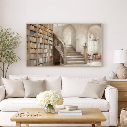 Library Staircase Frame TV Art displayed on a TV