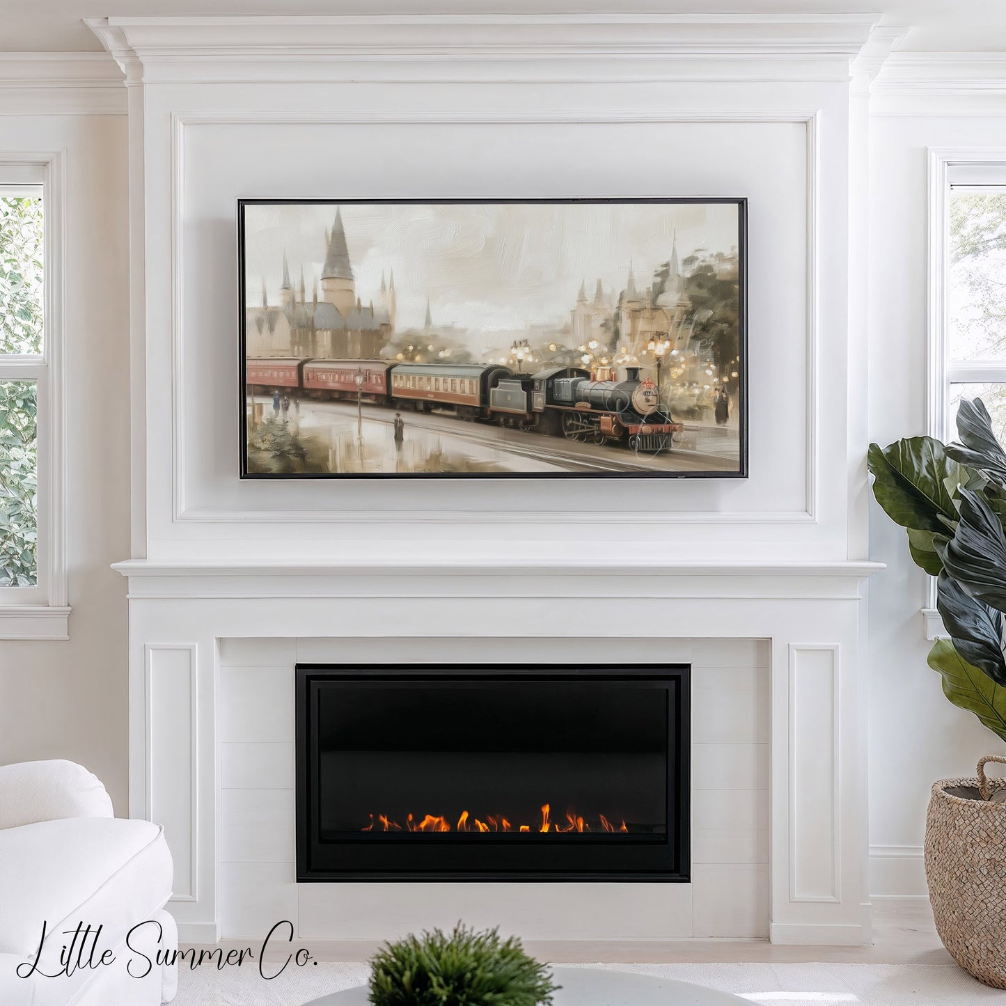 Steam Train Castle Frame TV Art displayed on a TV