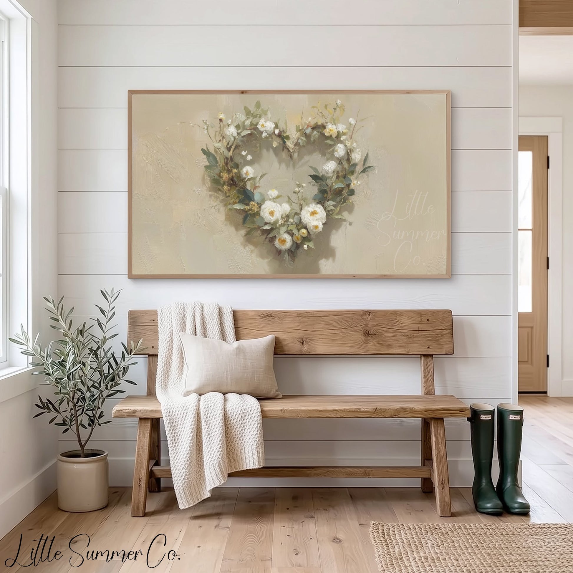 Flower Heart Wreath Frame TV Art displayed on a TV