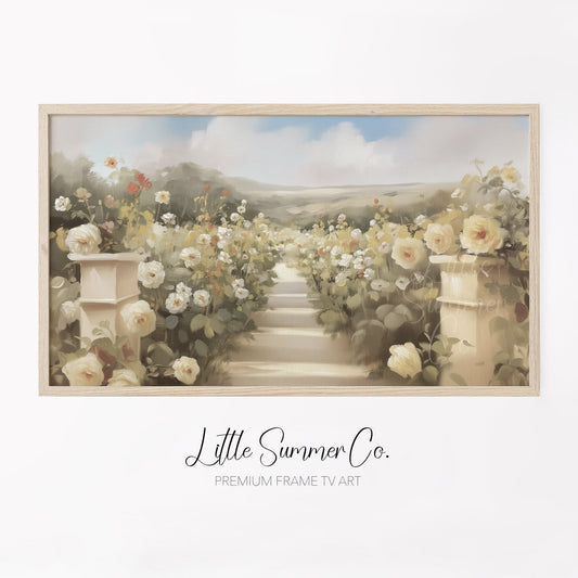 Rose Garden Path Frame TV Art displayed on a TV