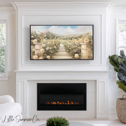 Rose Garden Path Frame TV Art displayed on a TV