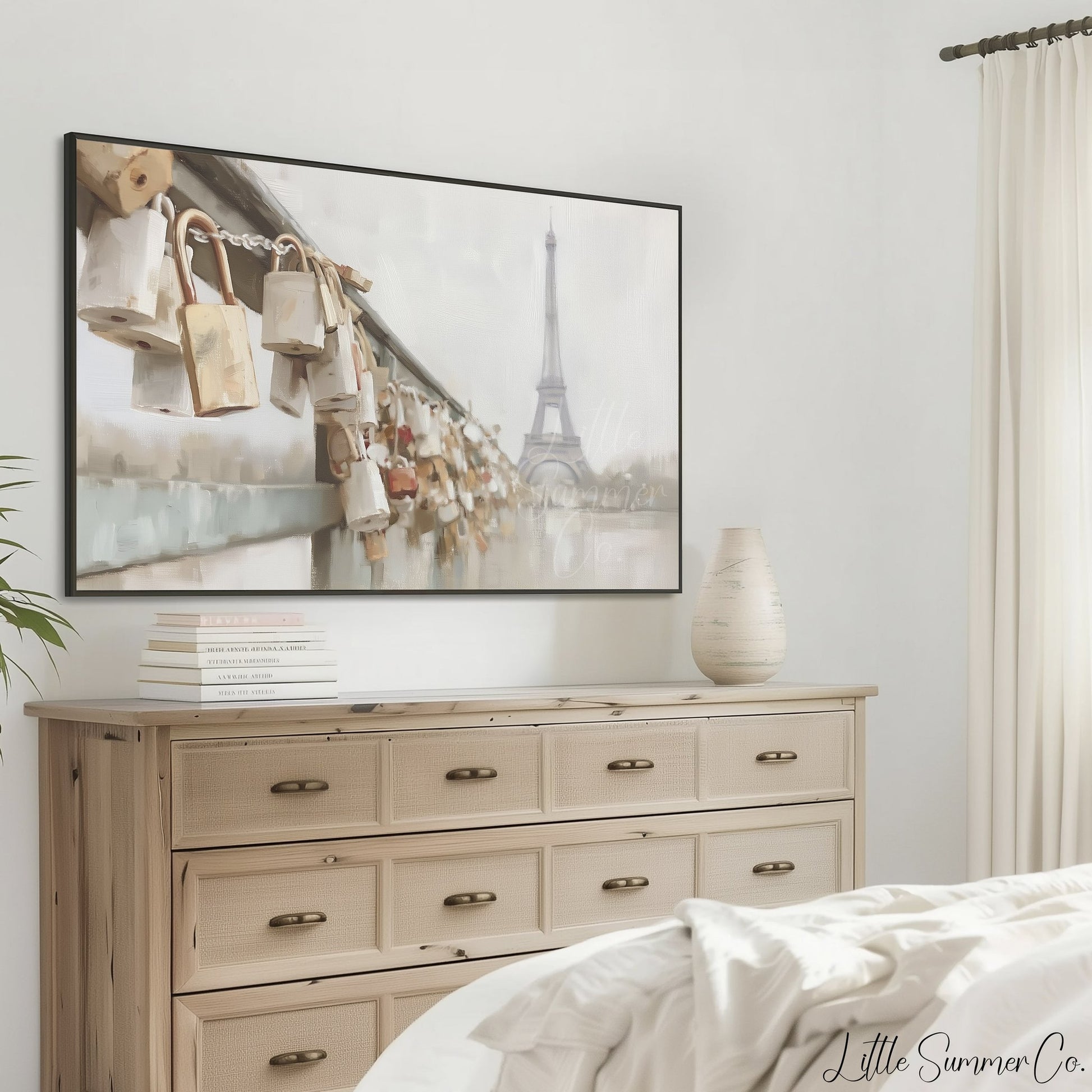 Paris Bridge Locks Frame TV Art displayed on a TV
