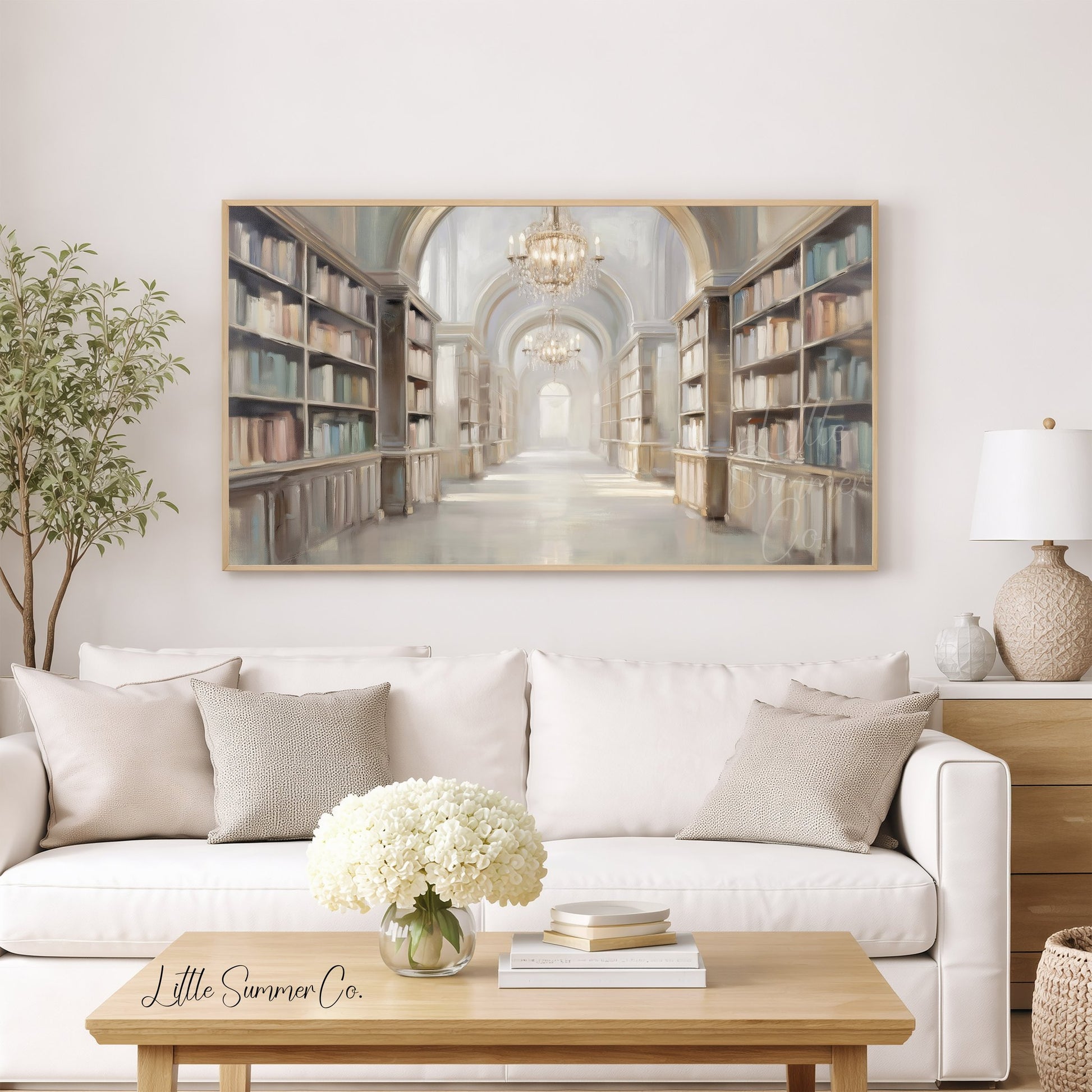 Grand Library Hall Frame TV Art displayed on a TV