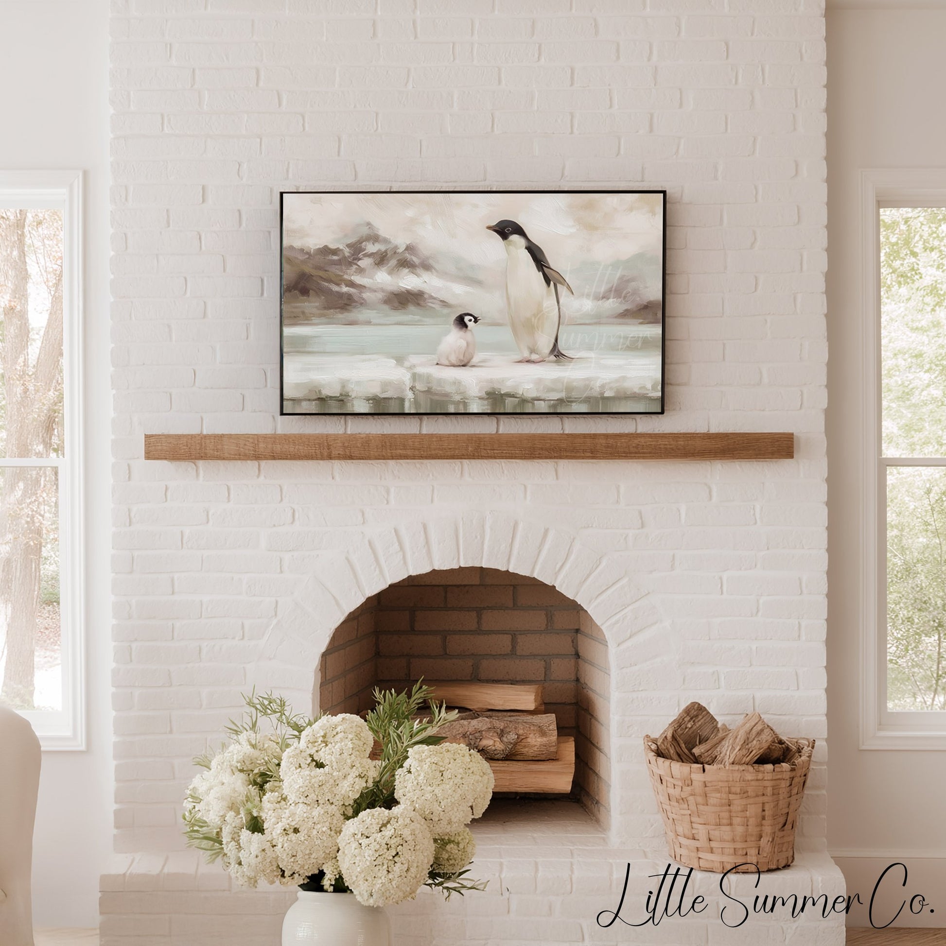 Penguin and Chick Frame TV Art displayed on a TV