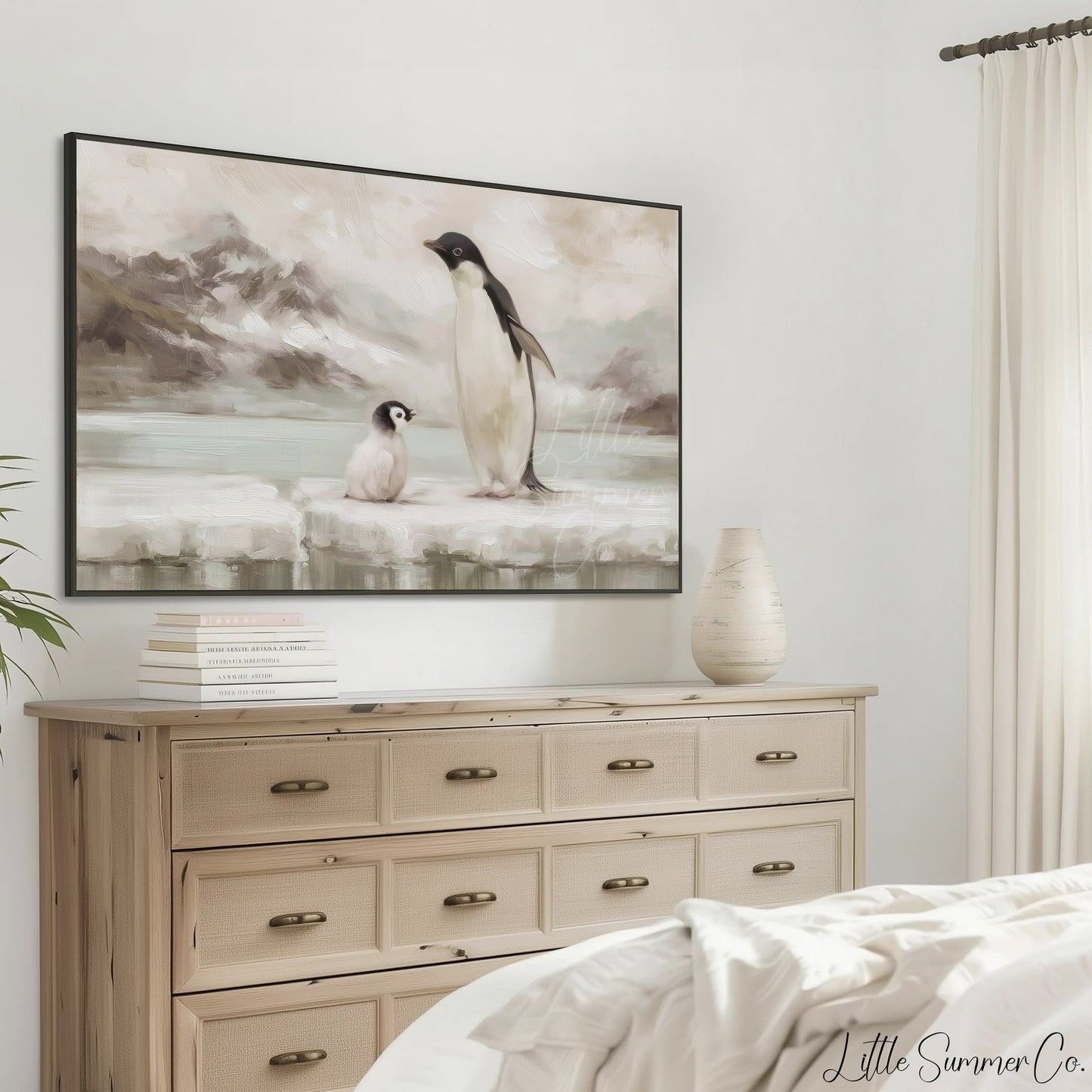 Penguin and Chick Frame TV Art displayed on a TV