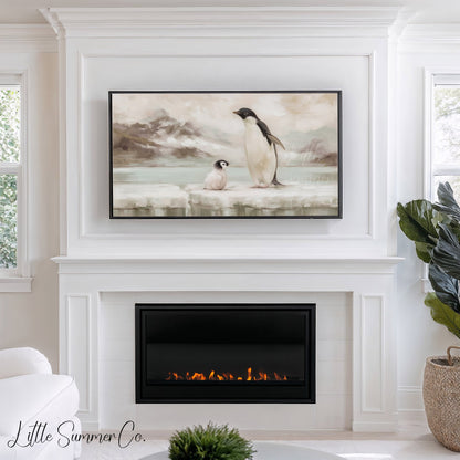 Penguin and Chick Frame TV Art displayed on a TV