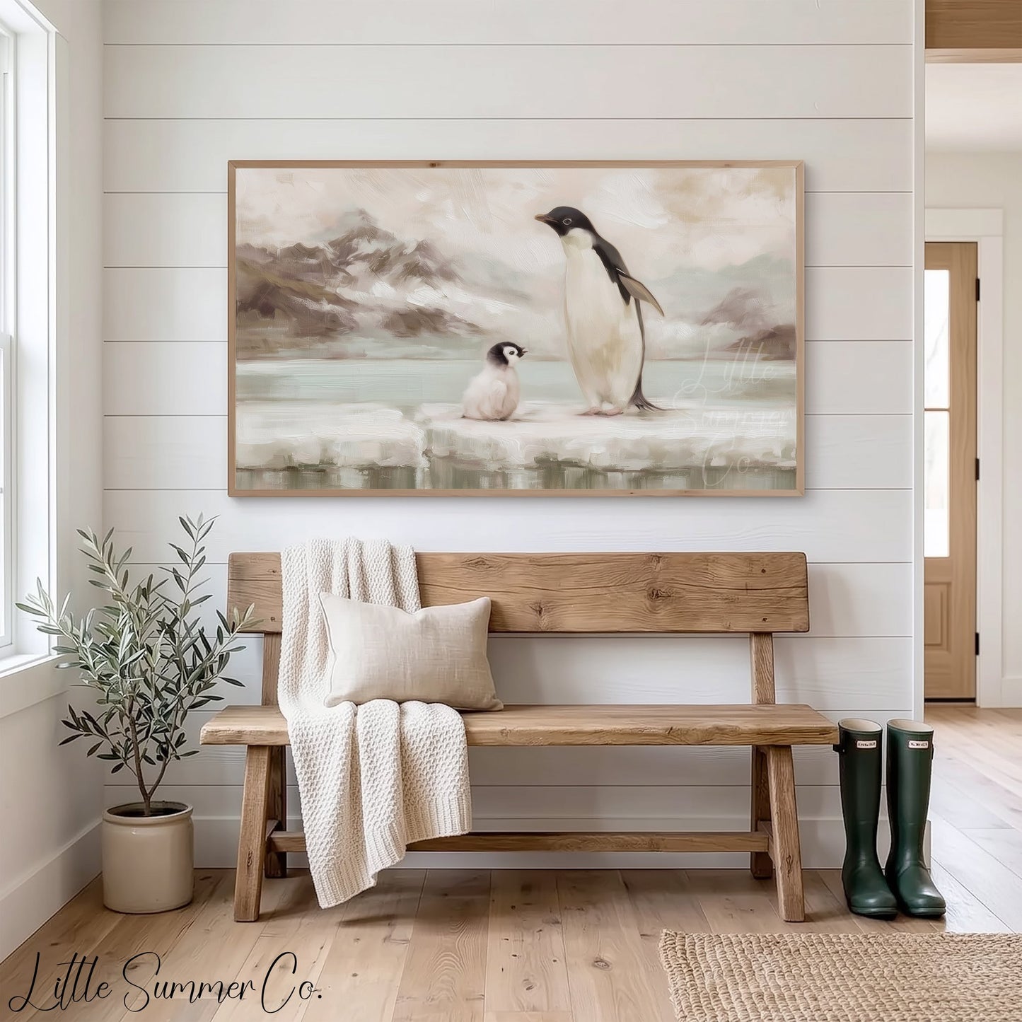 Penguin and Chick Frame TV Art displayed on a TV