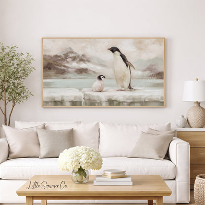 Penguin and Chick Frame TV Art displayed on a TV