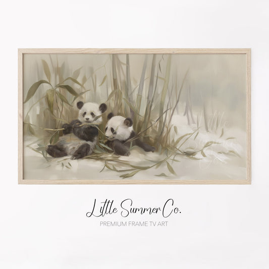 Panda Pair Bamboo Frame TV Art displayed on a TV