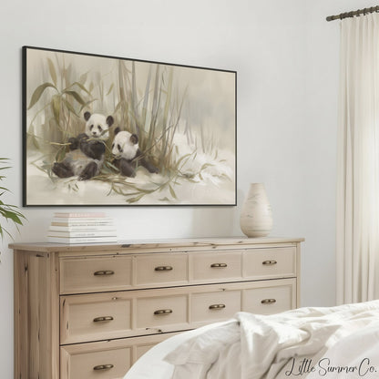 Panda Pair Bamboo Frame TV Art displayed on a TV