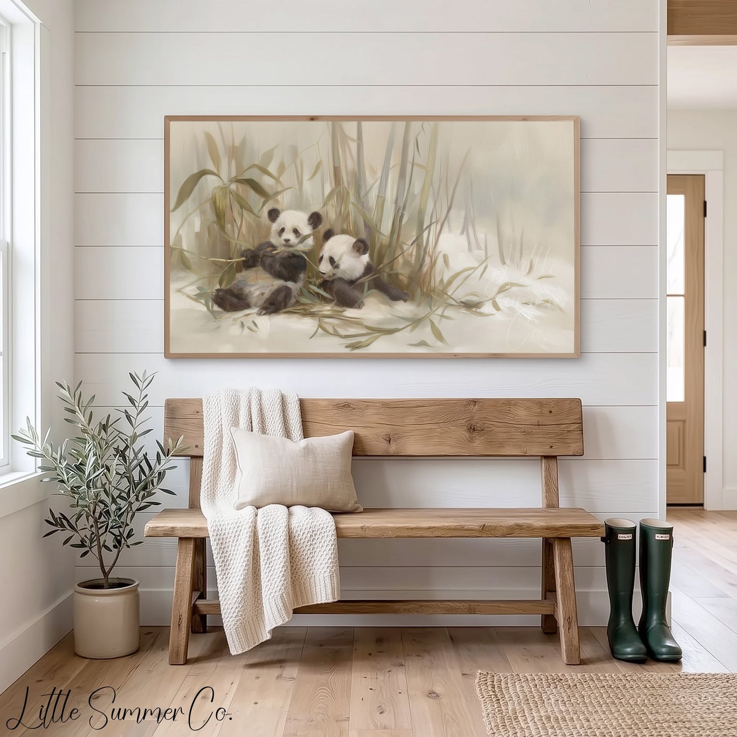 Panda Pair Bamboo Frame TV Art displayed on a TV