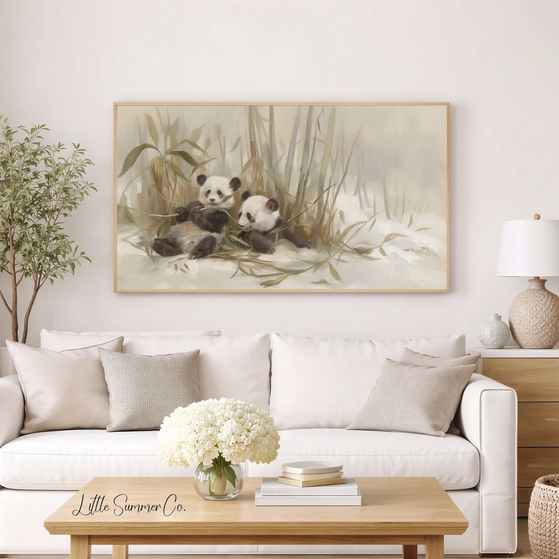 Panda Pair Bamboo Frame TV Art displayed on a TV