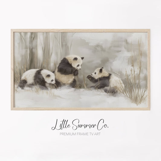 Panda Family in Snow Frame TV Art displayed on a TV