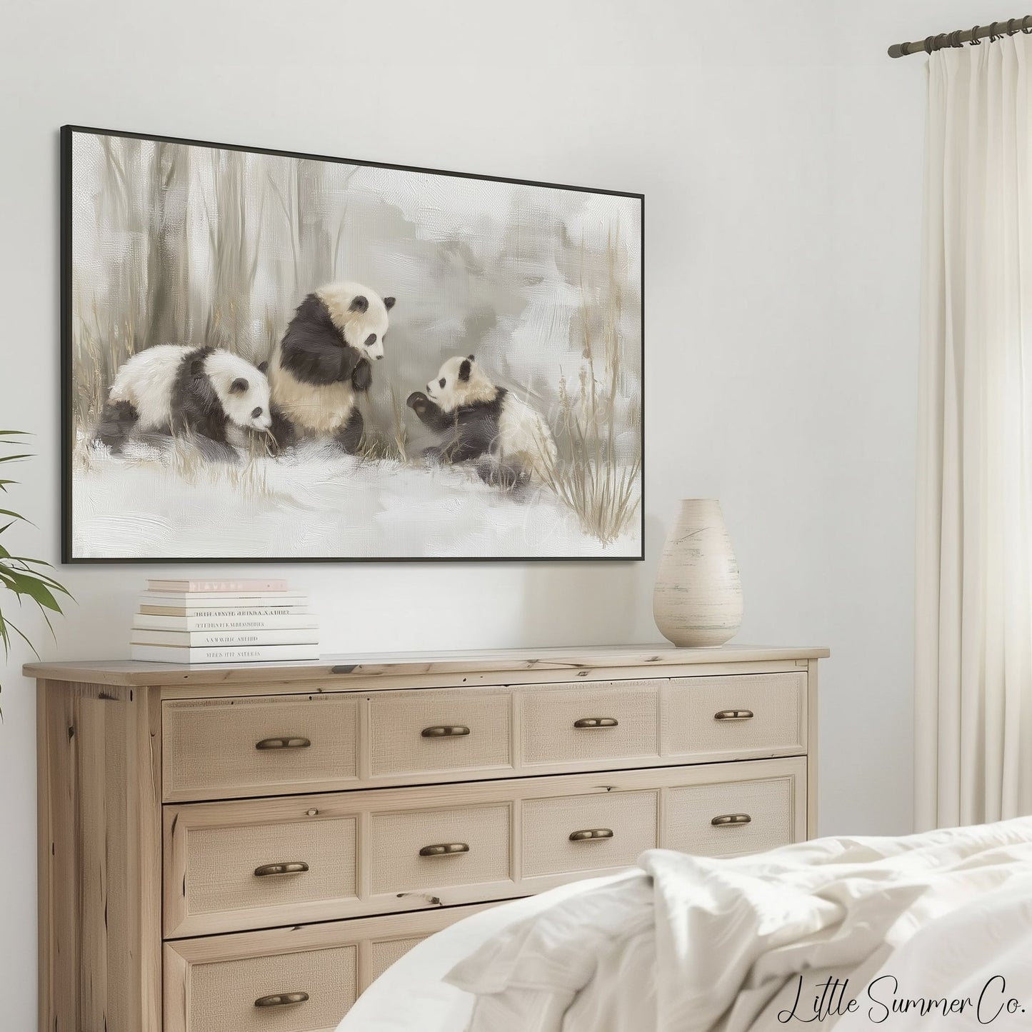 Panda Family in Snow Frame TV Art displayed on a TV