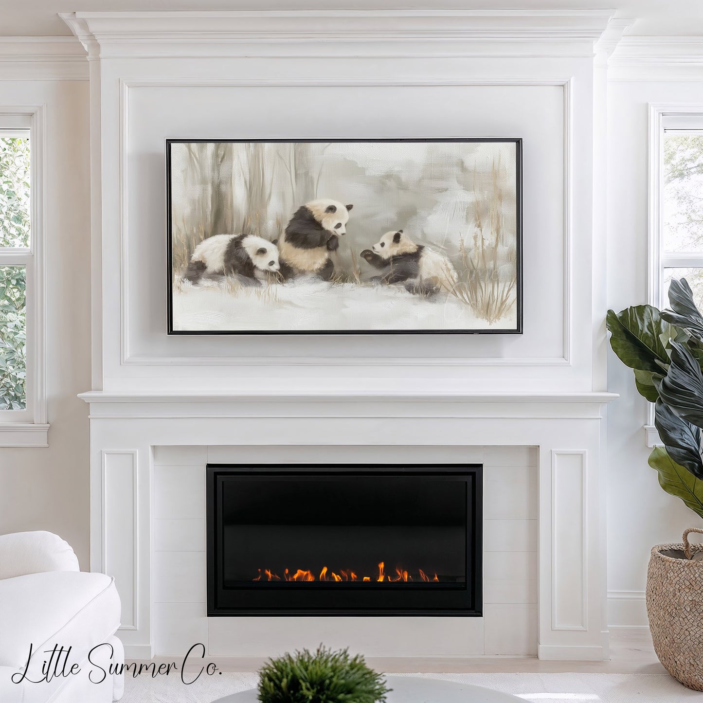 Panda Family in Snow Frame TV Art displayed on a TV