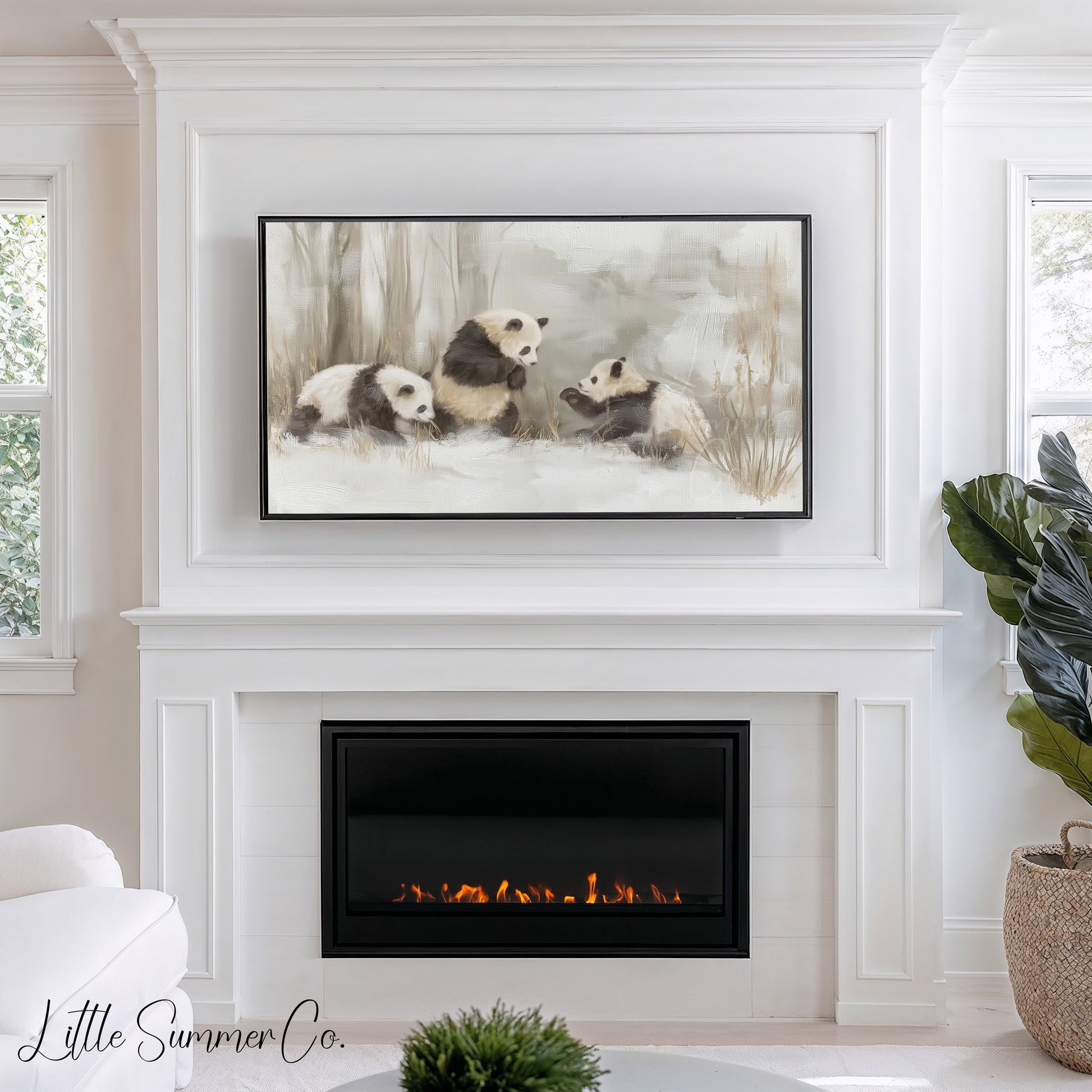 Panda Family in Snow Frame TV Art displayed on a TV