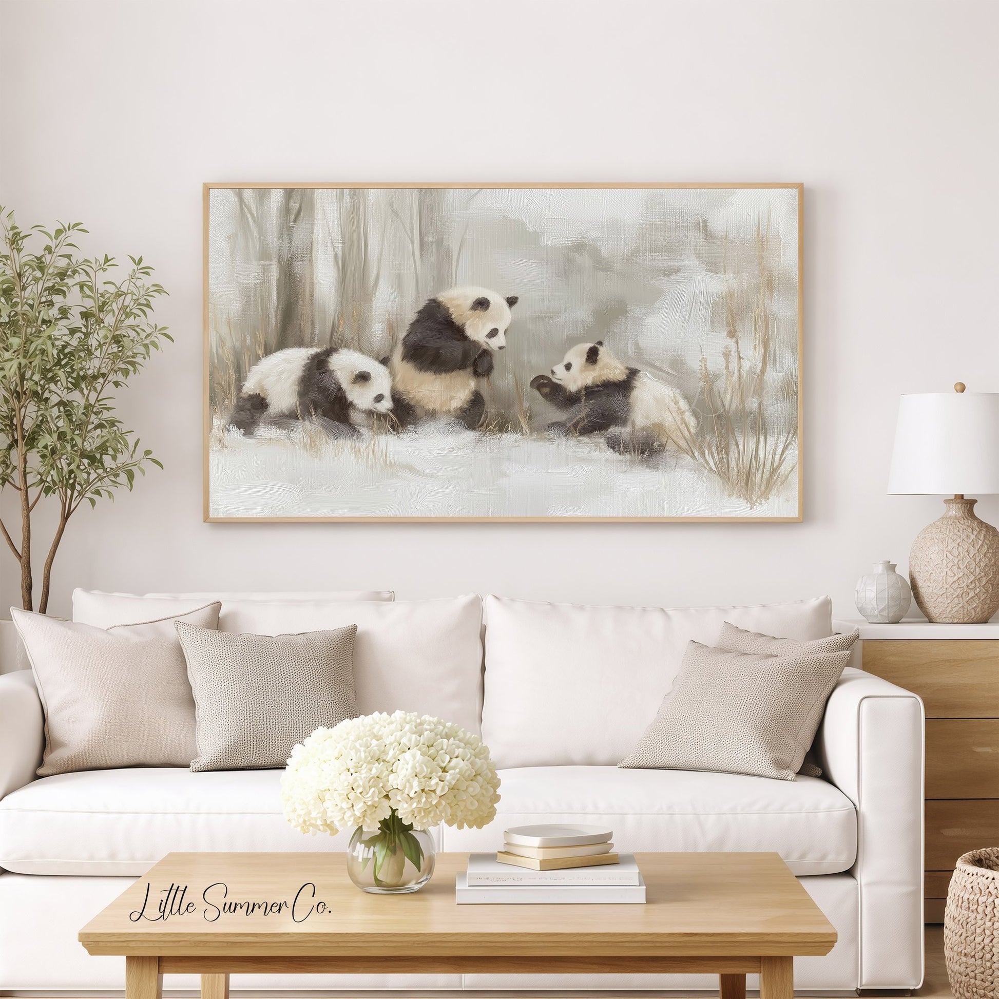 Panda Family in Snow Frame TV Art displayed on a TV