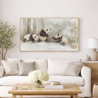Panda Family in Snow Frame TV Art displayed on a TV