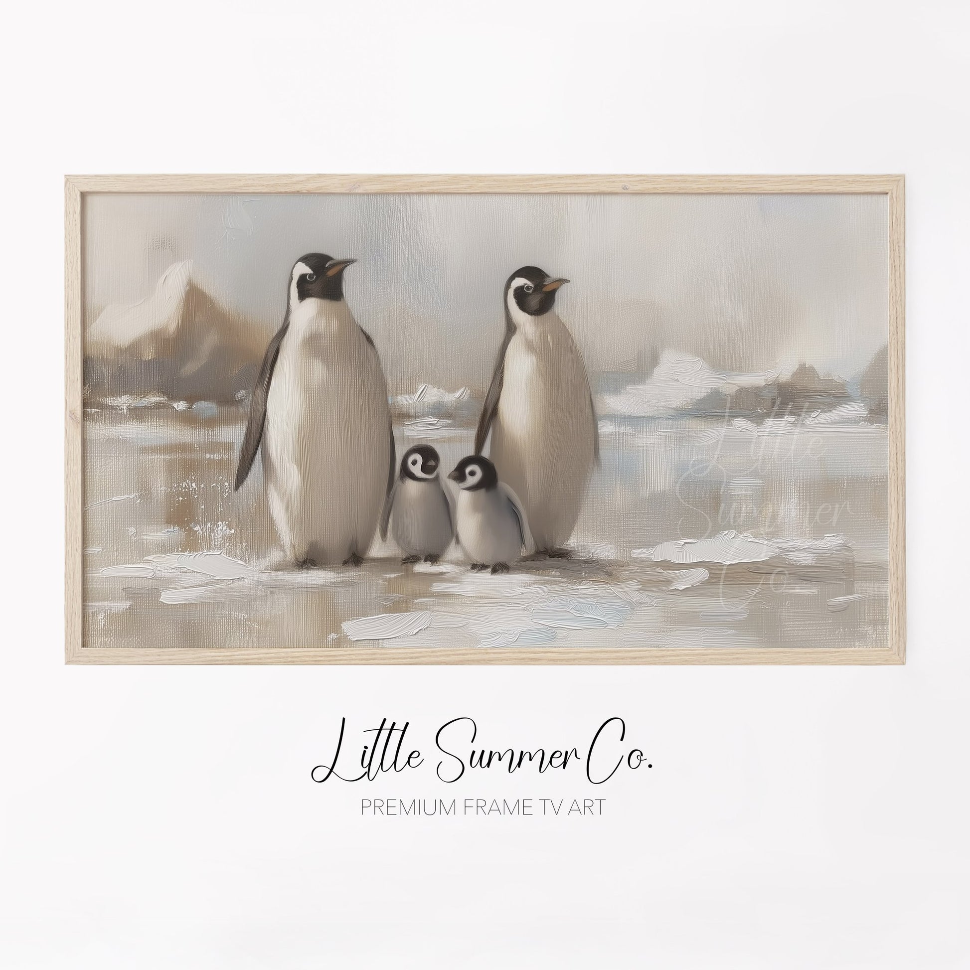 Penguin Family on Ice Frame TV Art displayed on a TV
