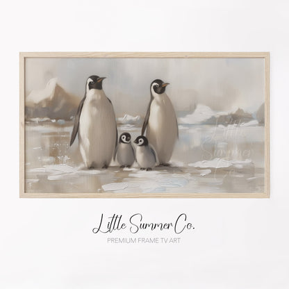 Penguin Family on Ice Frame TV Art displayed on a TV