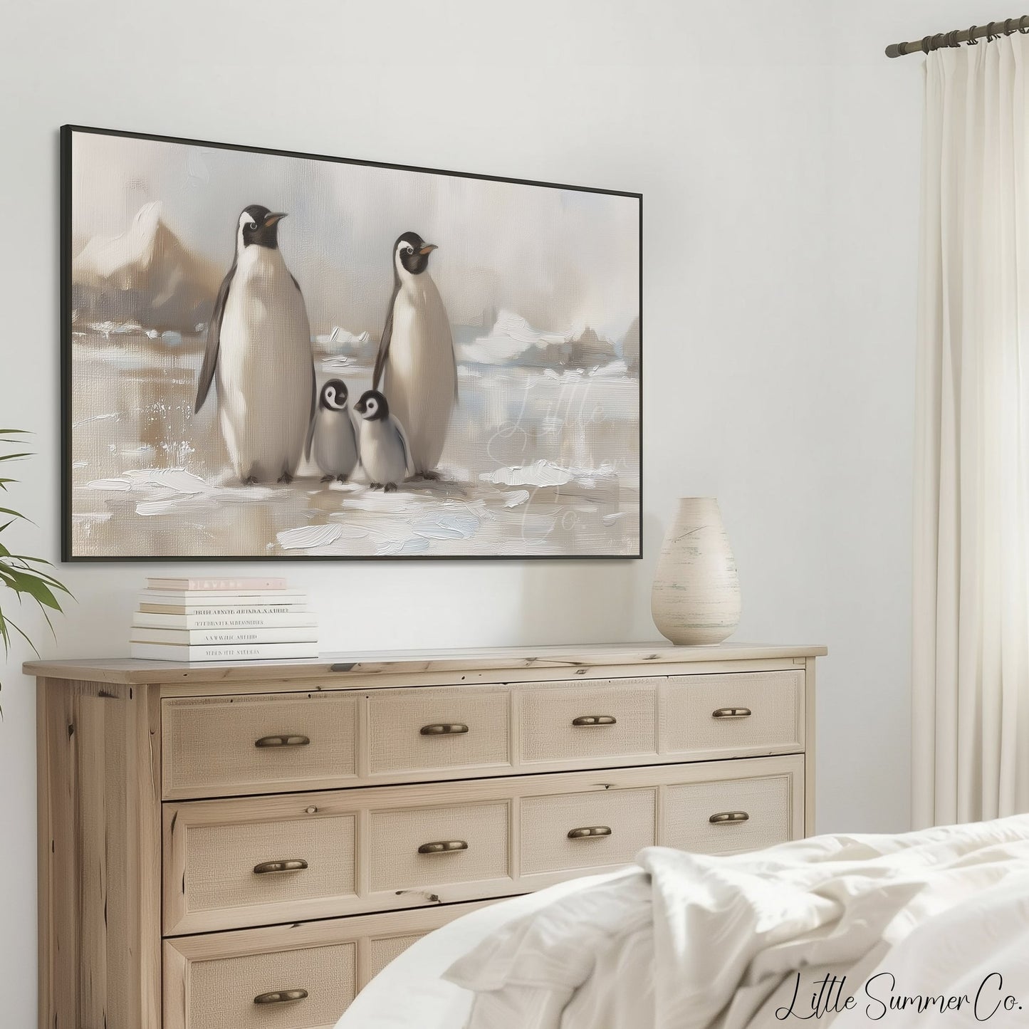 Penguin Family on Ice Frame TV Art displayed on a TV