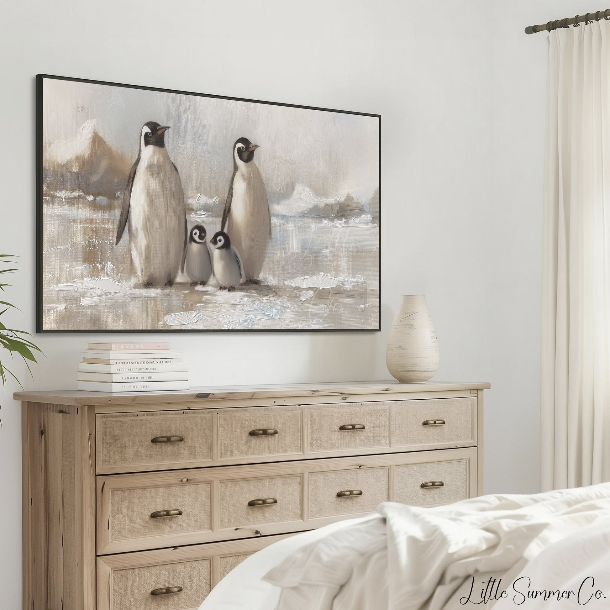 Penguin Family on Ice Frame TV Art displayed on a TV