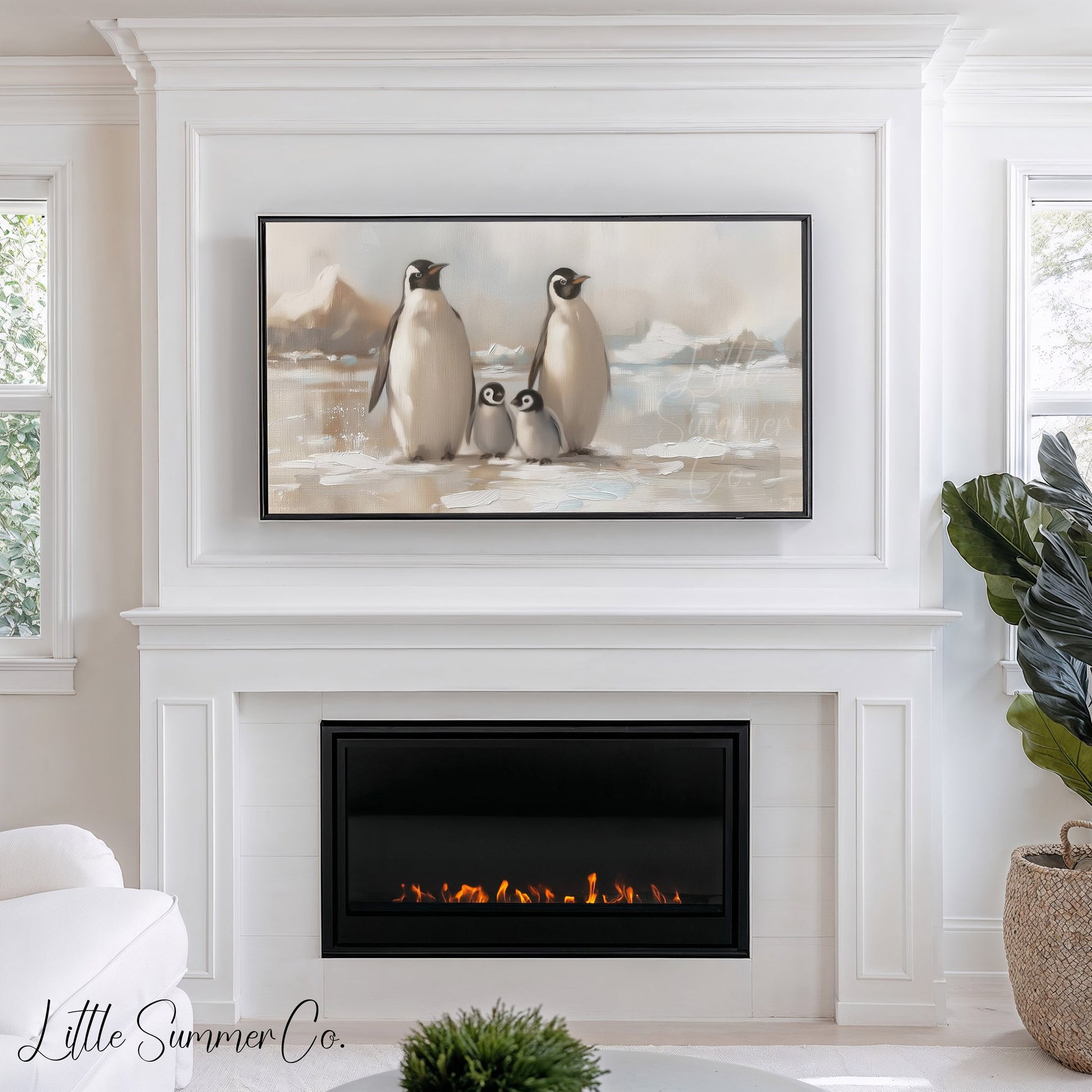 Penguin Family on Ice Frame TV Art displayed on a TV
