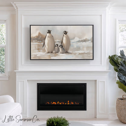 Penguin Family on Ice Frame TV Art displayed on a TV
