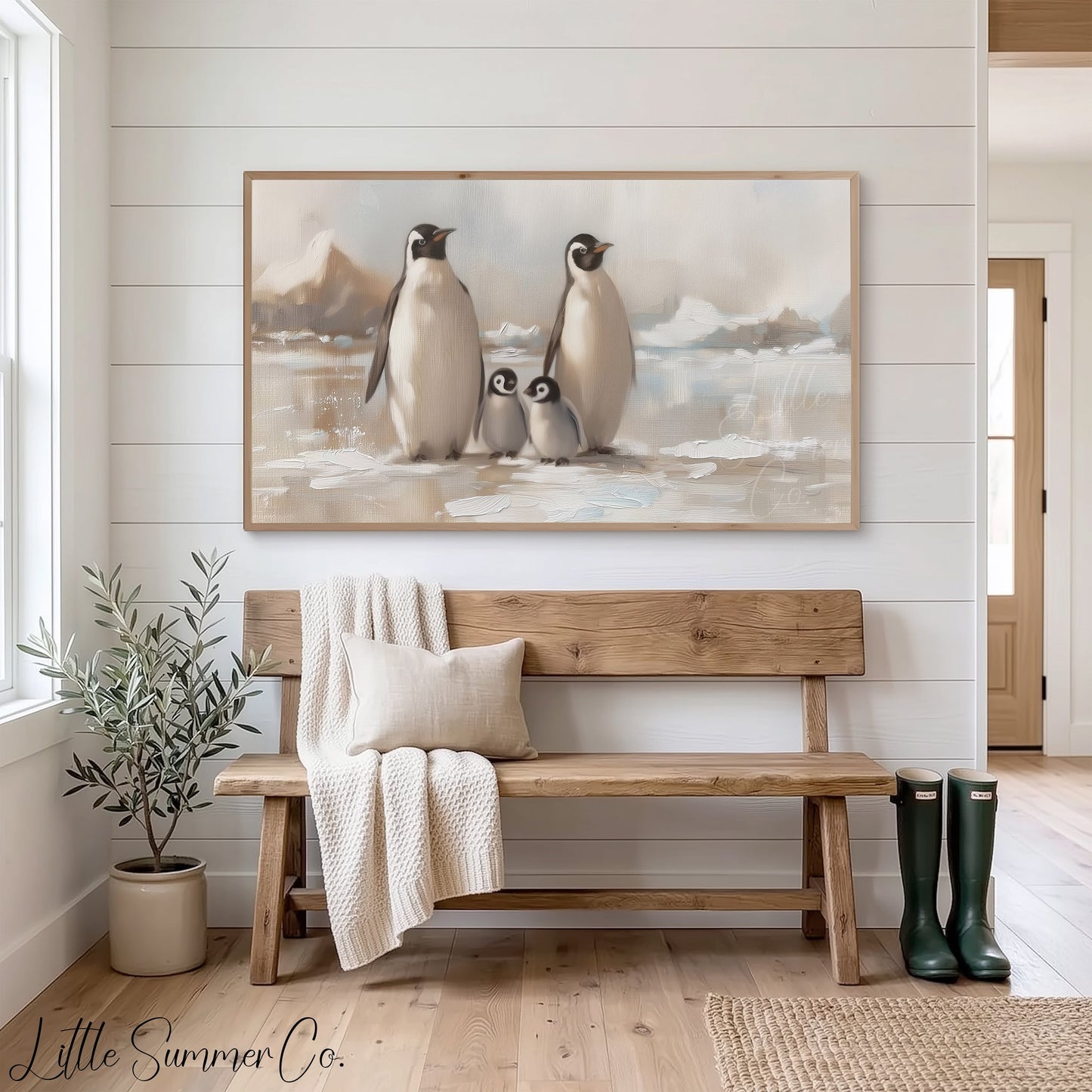 Penguin Family on Ice Frame TV Art displayed on a TV