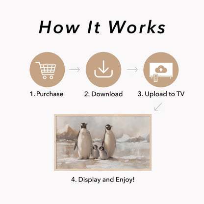 Penguin Family on Ice Frame TV Art displayed on a TV