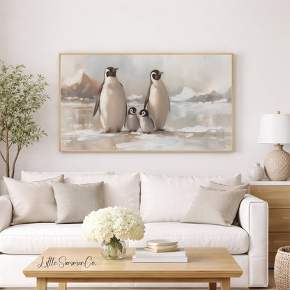 Penguin Family on Ice Frame TV Art displayed on a TV