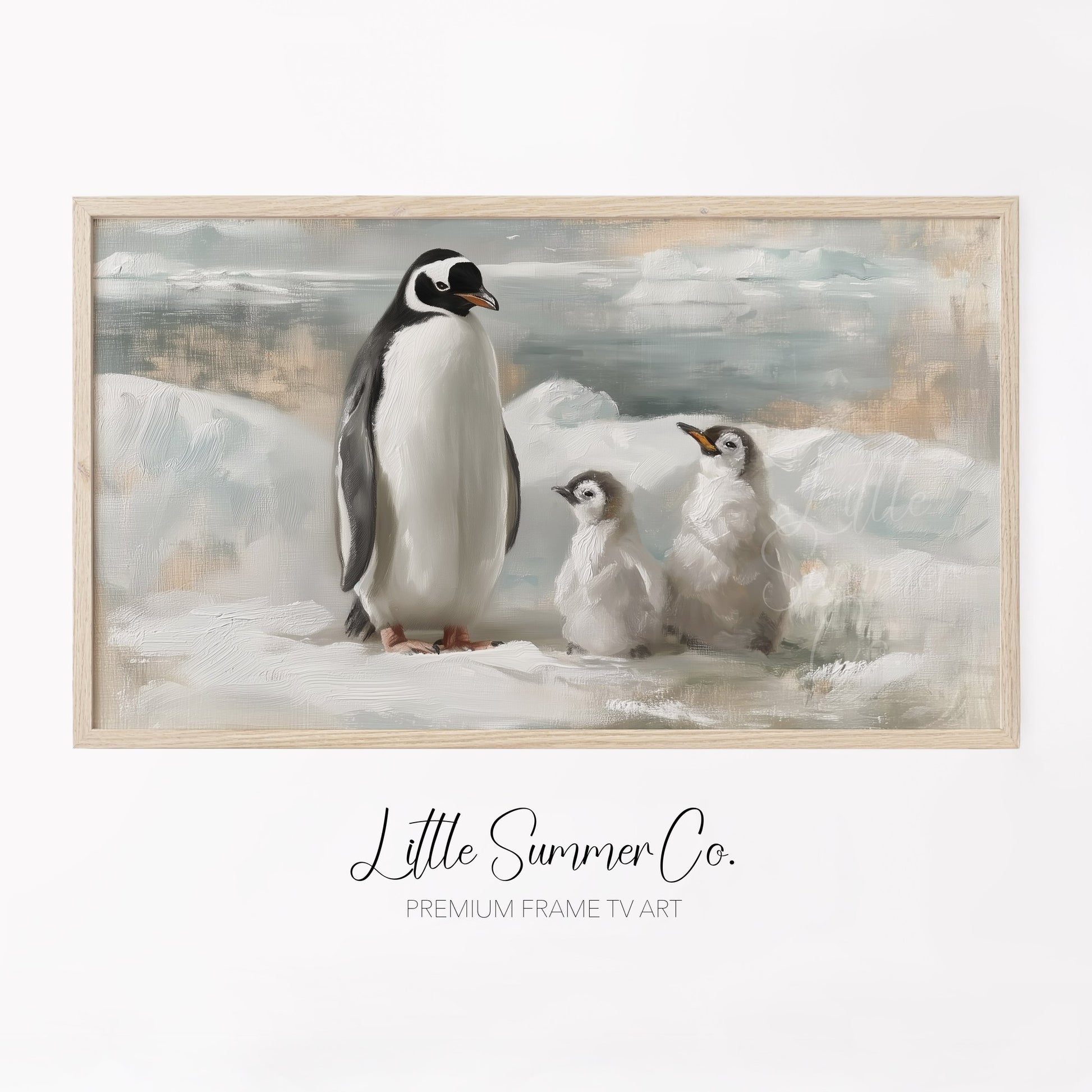 Penguin Family Ice Frame TV Art displayed on a TV