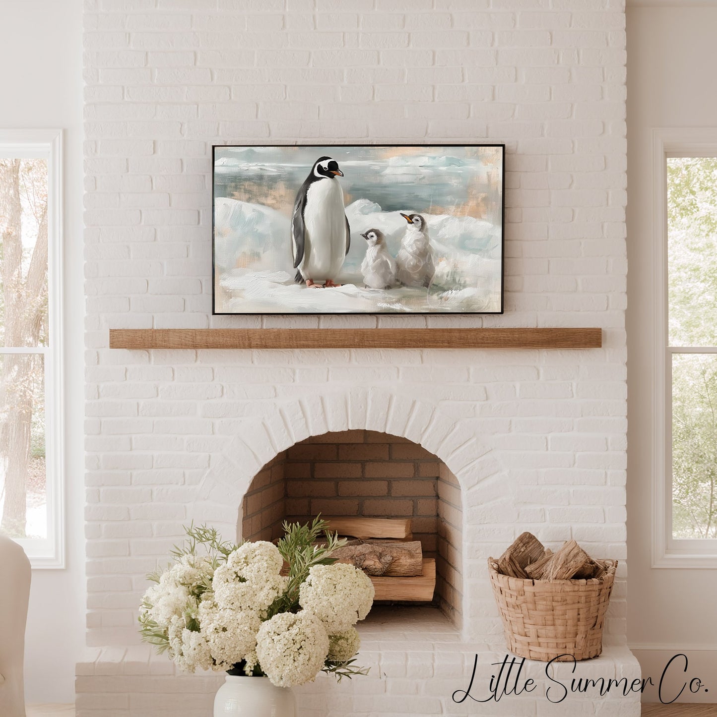 Penguin Family Ice Frame TV Art displayed on a TV
