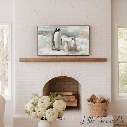 Penguin Family Ice Frame TV Art displayed on a TV