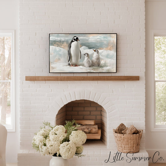 Penguin Family Ice Frame TV Art displayed on a TV