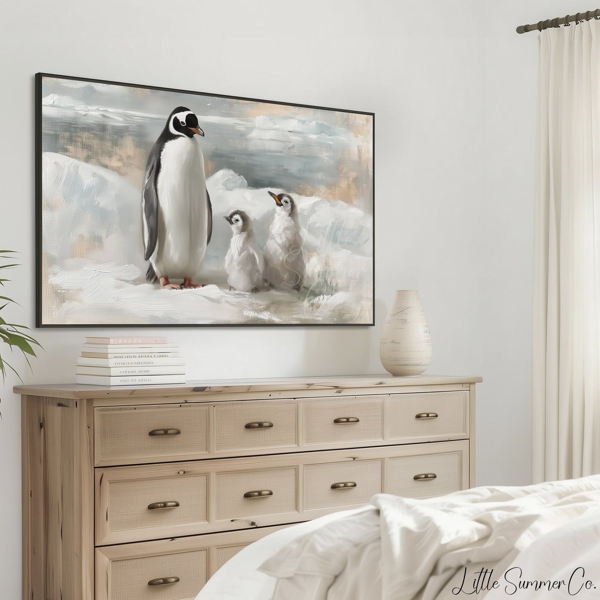 Penguin Family Ice Frame TV Art displayed on a TV
