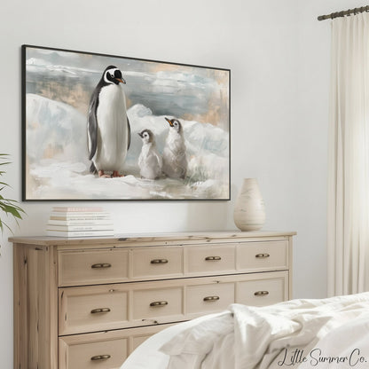 Penguin Family Ice Frame TV Art displayed on a TV