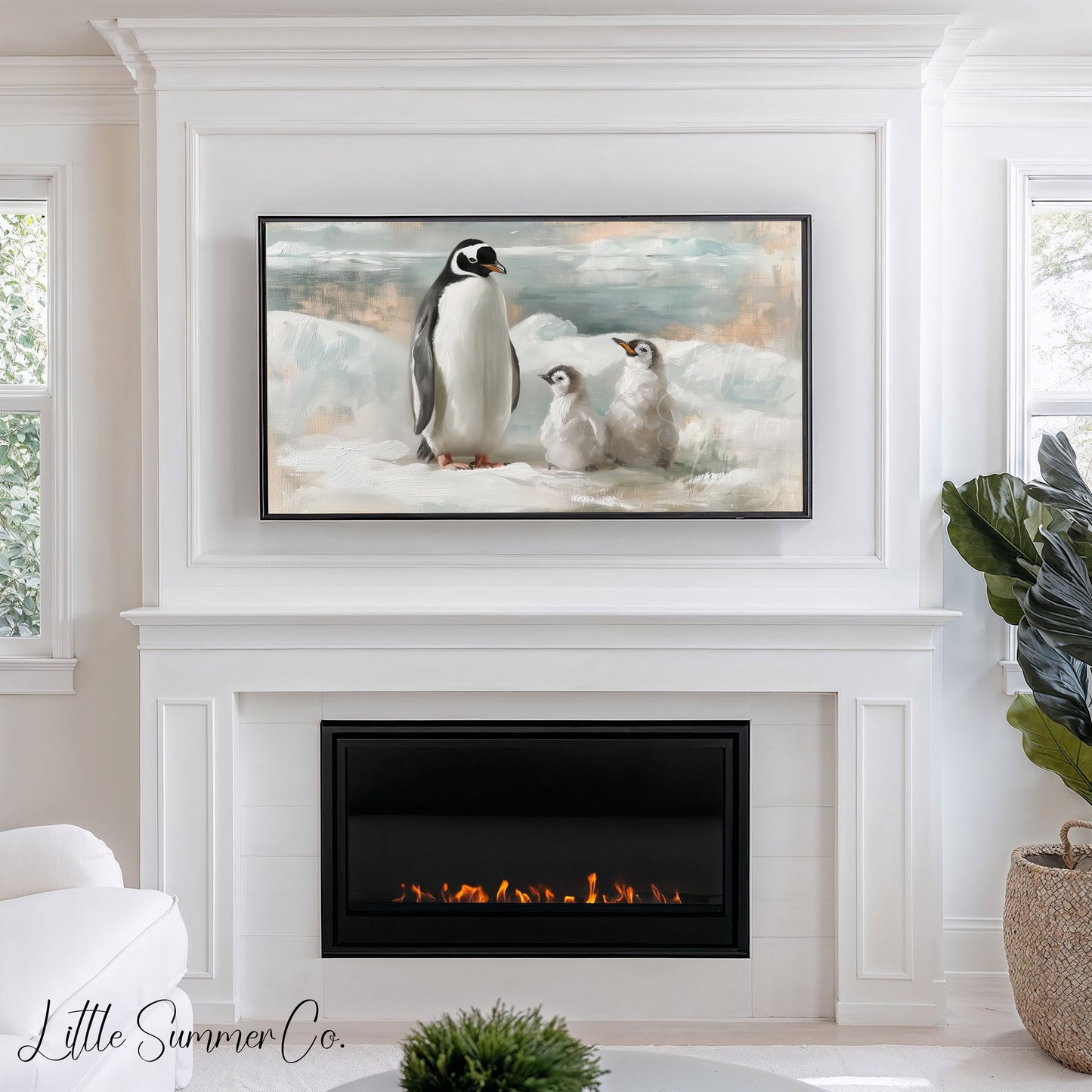 Penguin Family Ice Frame TV Art displayed on a TV