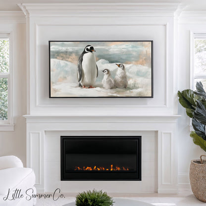 Penguin Family Ice Frame TV Art displayed on a TV